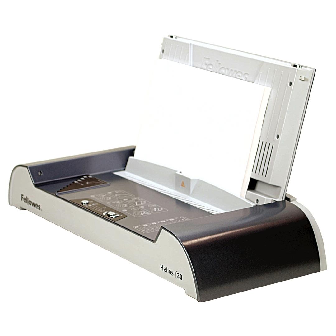 Thermorelieur Helios 30 FELLOWES — Vue de gauche ouvert avec papier