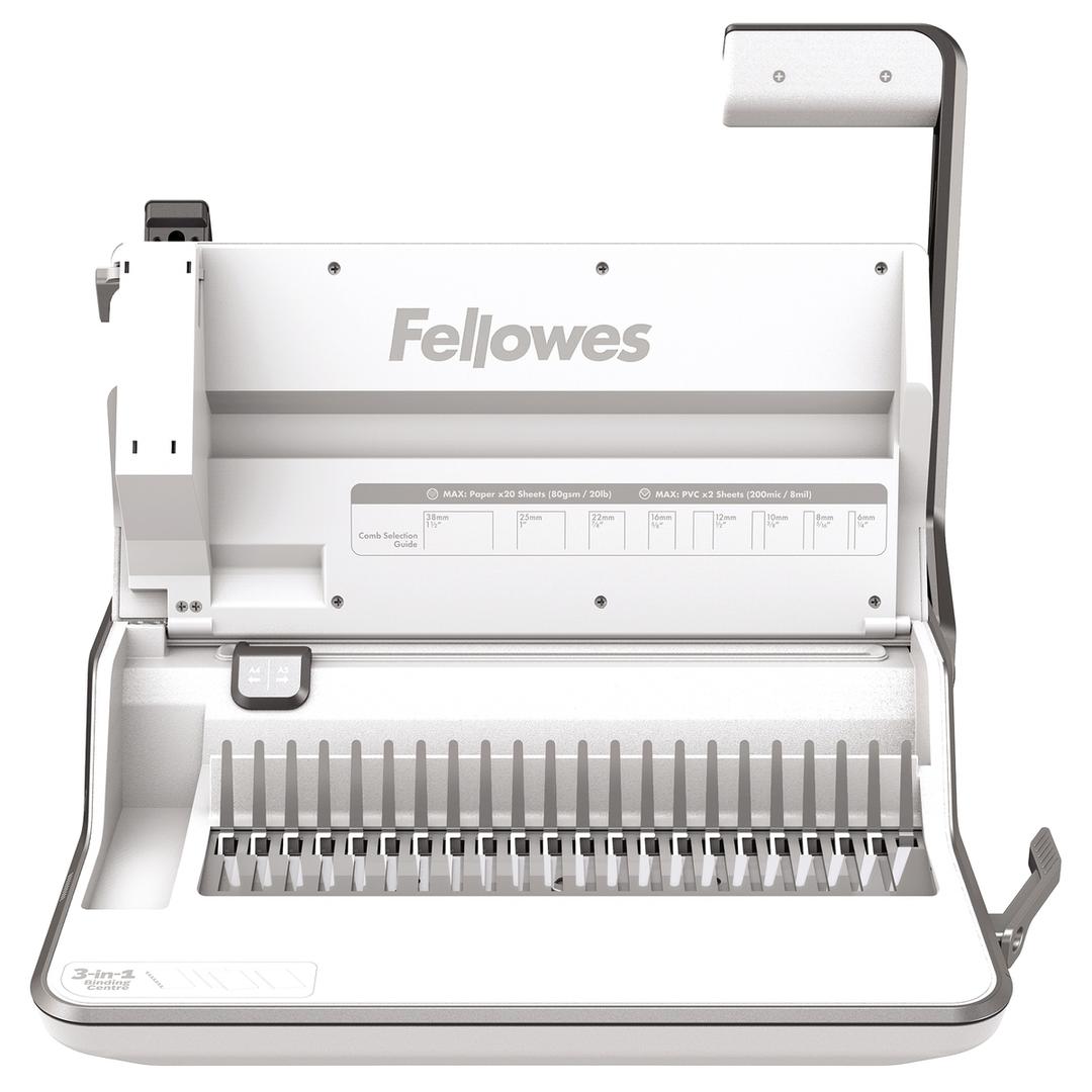 Perforelieur manuel anneaux plastiques pas US LYRA 3-en-1 FELLOWES — Vue de face ouvert
