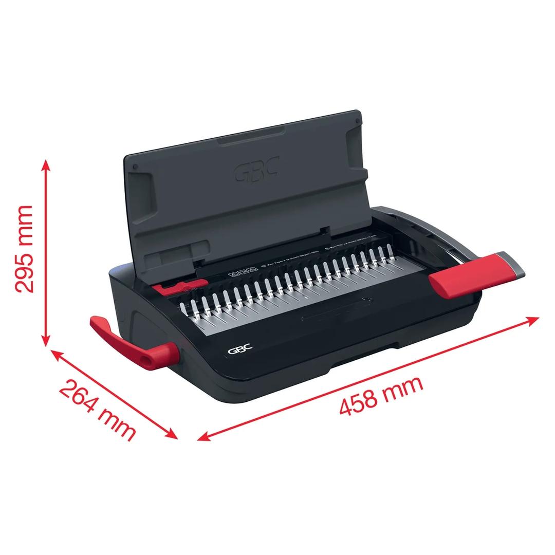 Perforelieur manuel anneaux plastiques pas US CombBind CB12 GBC — Dimensions extérieures indiquées 295 x 264 x 458 mm