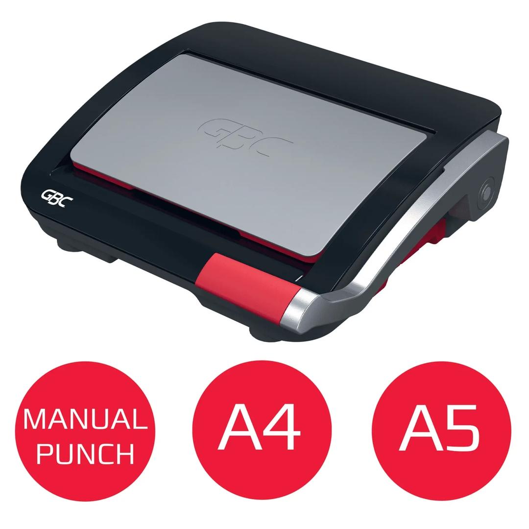 Perforelieur manuel anneaux plastiques pas US CombBind CB20 GBC — Capot refermé avec pictogrammes indiquant formats compatibles a4 et a5