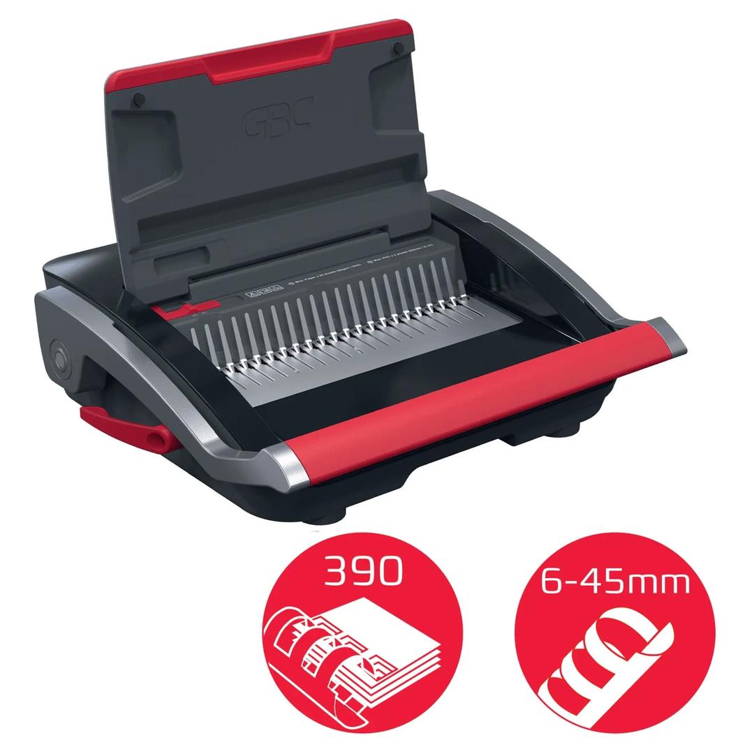 Perforelieur manuel anneaux plastiques pas US CombBind CB25 GBC — Ouverte avec peigne de reliure et indication capacité 390 feuilles, reliure 6 à 45 mm