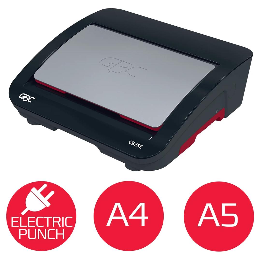 Perforelieur électrique anneaux plastiques pas US CombBind CB25E GBC — Fermée avec pictogrammes a4 a5 electric punch
