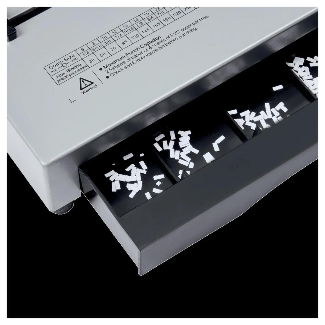 Perforelieur manuel anneaux plastiques pas US CB25 Pro GBC — Bac à confettis ouvert montrant les résidus de perforation