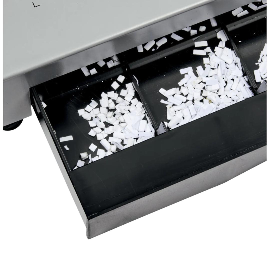 Perforelieur électrique anneaux plastiques pas US CB25E Pro GBC - Et son bac à confettis après perforation des feuilles