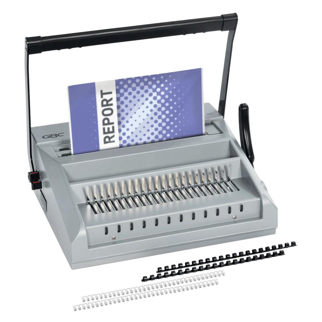Perforelieur manuel anneaux plastiques pas US et métalliques pas 3:1 MultiBind MB20 GBC - Perforelieur GBC MultiBind MB20 avec un document et des anneaux métalliques