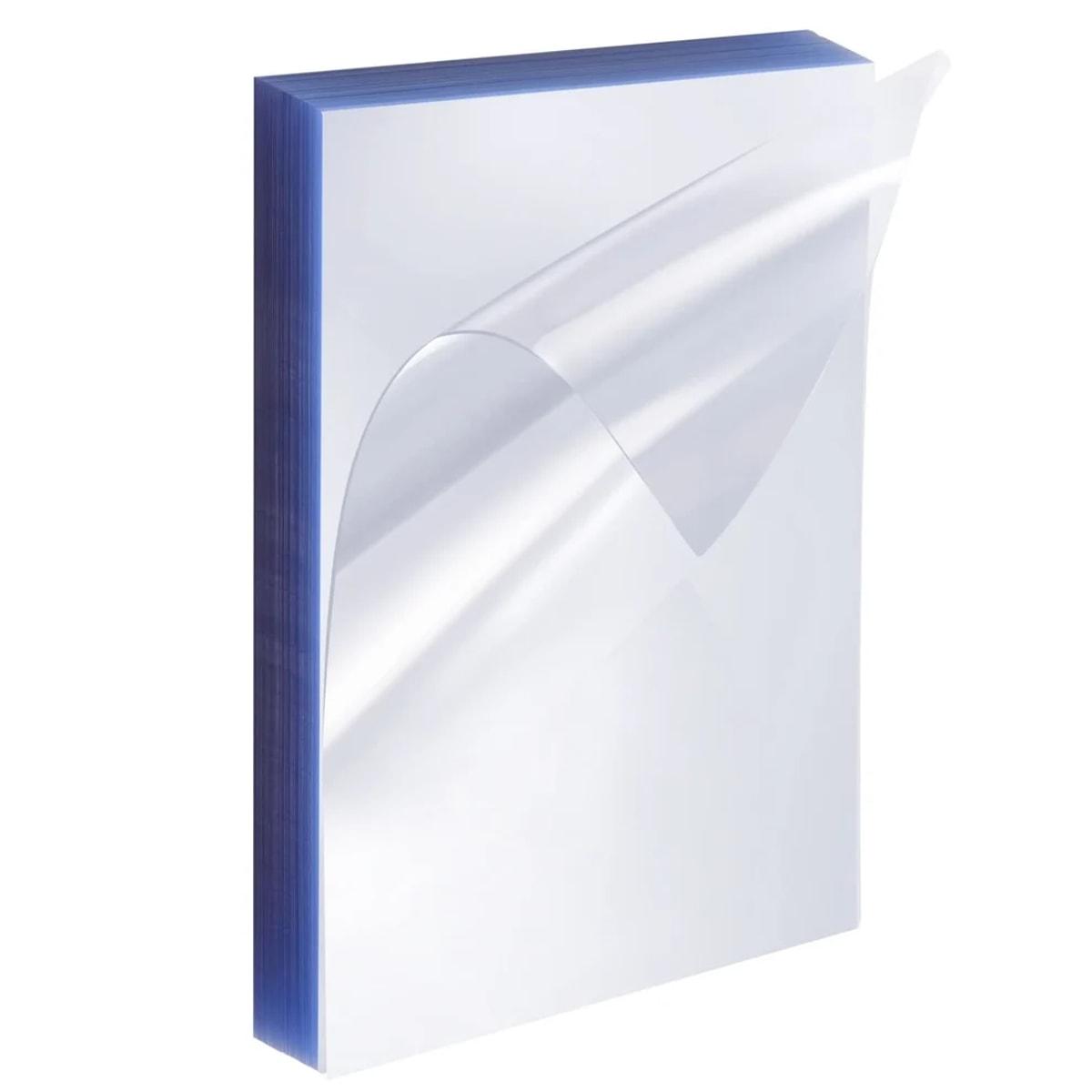 Couvertures PVC 300 microns transparentes A3 — Paquet de 100 couvertures PVC transparentes 300 microns A3, feuille du dessus soulevée