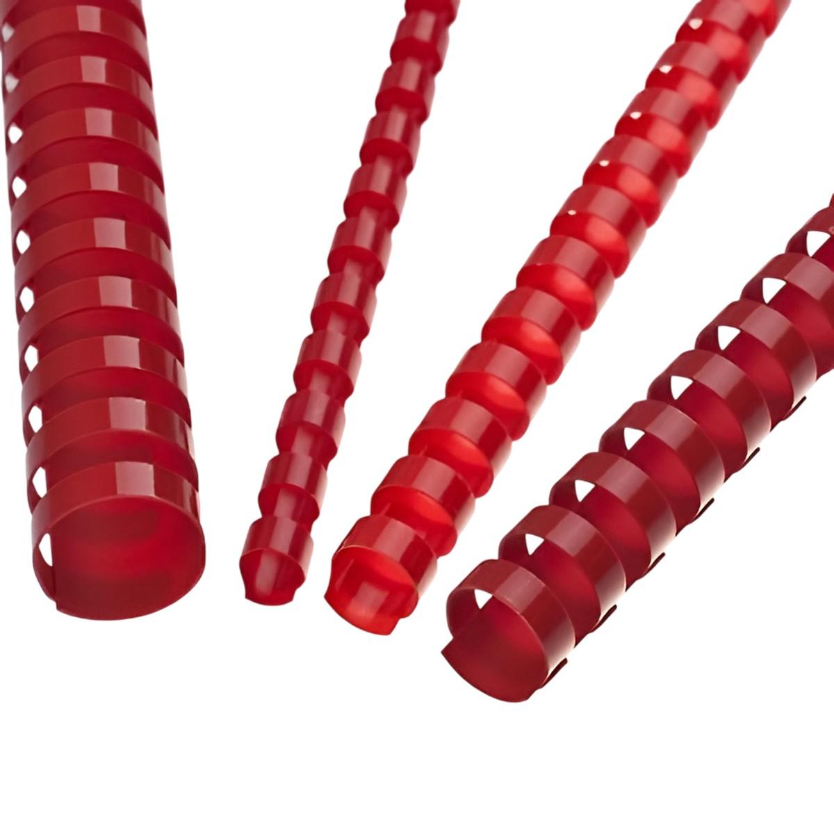 100 anneaux plastiques A4 21 boucles 6 mm rouges — Quatre peignes de reliure plastiques rouges de diamètres différents, posés en diagonale, anneaux ouverts vers l'avant