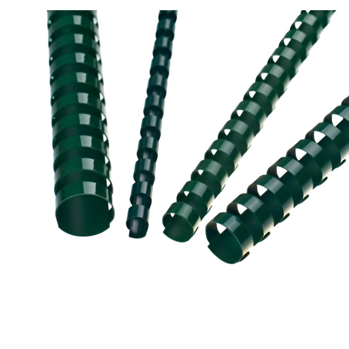 100 anneaux plastiques A4 21 boucles 10 mm verts — Quatre peignes de reliure plastiques verts de diamètres différents, posés en diagonale, anneaux ouverts vers l'avant