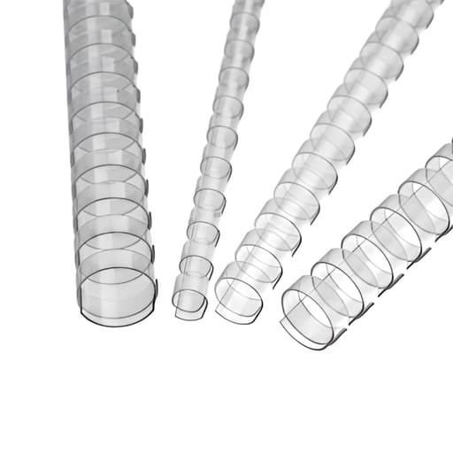 100 anneaux plastiques A4 21 boucles 6 mm transparents — Quatre peignes de reliure plastiques transparents de diamètres différents, posés en diagonale, anneaux ouverts vers l'avant